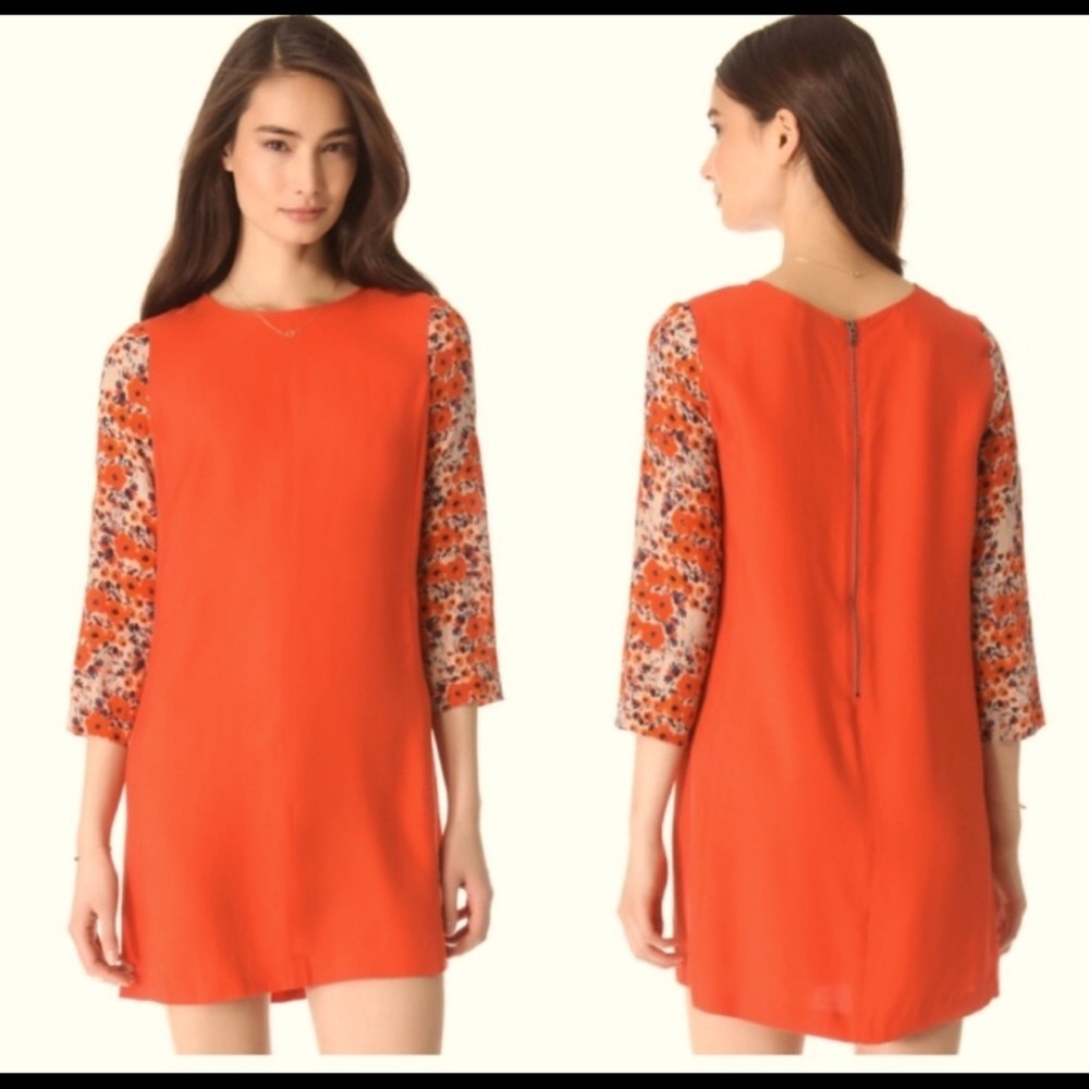 Club Monaco Jay orange silk floral sleeved shift dress size 8